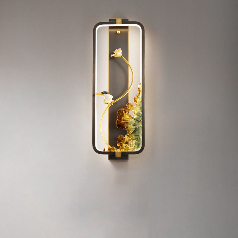 Traditional Chinese Lotus Enamel Copper Rectangular Frame LED Wall Sconce Lamp For Bedroom