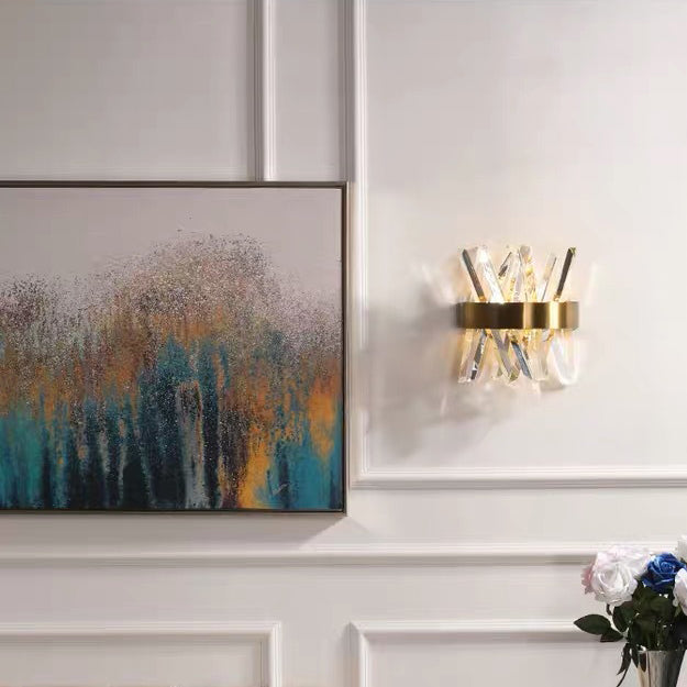 Lámpara de Aplique de Pared de Lujo Moderno de Media Cilindro de Acero Inoxidable con Cristal de 2 Luces para Dormitorio 