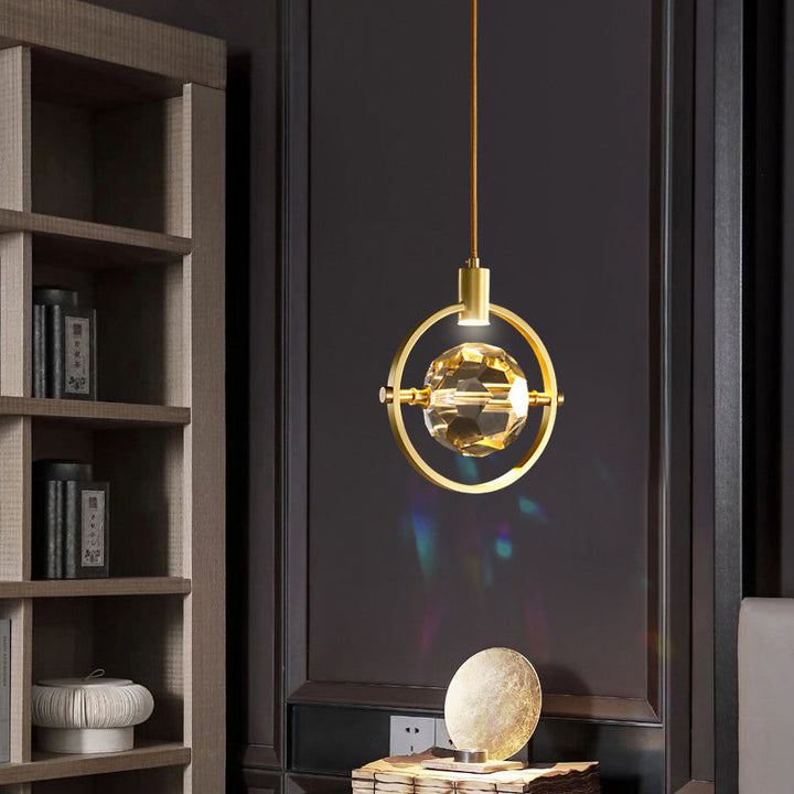 Modern Luxury Full Copper Circle Ring Crystal Ball 1-Light Pendant Light For Living Room