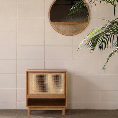 Zeitgenössischer nordischer rechteckiger Holz-Rattan-Beistelltisch mit 1 Schublade für das Wohnzimmer 