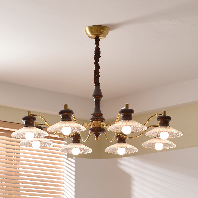 Lustres ronds en laiton vintage traditionnel, fer, bois de frêne, verre, à 3/6/8 lumières pour salle à manger 