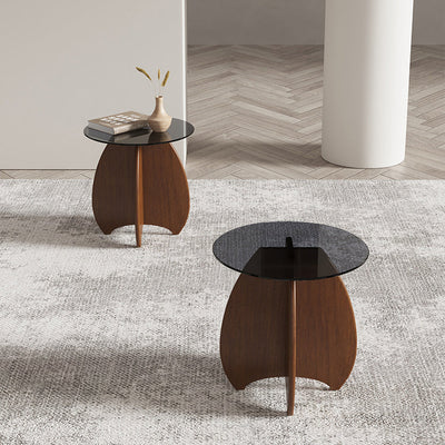 Table d'appoint ovale en verre trempé géométrique rétro contemporain avec base en bois pour salon 