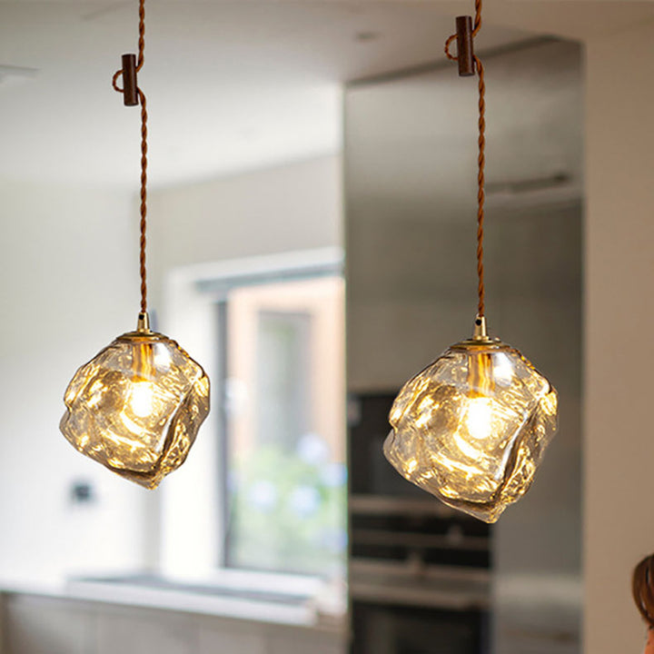 Traditional Vintage Irregular Ice Cube Shape Glass Aluminum Wood 1-Light Pendant Light For Living Room