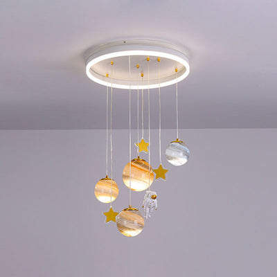 Contemporary Scandinavian Space Planet Acrylic Glass Round Shade LED Kids Flush Mount Ceiling Light For Bedroom