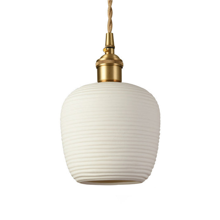 Lustre suspendu en céramique à rayures cylindriques irrégulières nordiques contemporaines avec cuivre et 1 lumière pour salon 