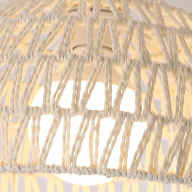 Contemporary Boho Rubberwood Faux Rattan Weaving Dome 1-Light Pendant Light For Dining Room