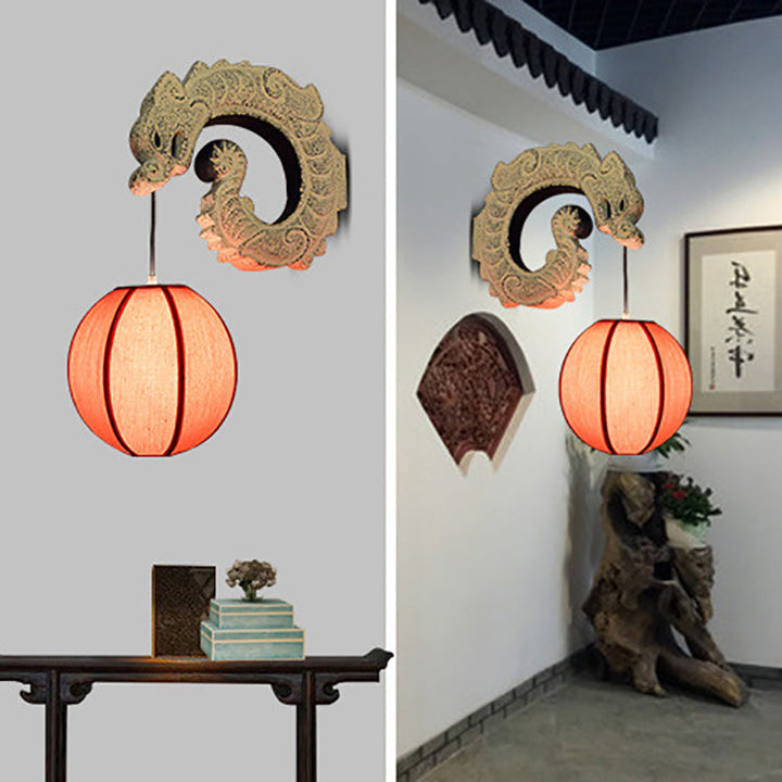 Abat-jour en tissu classique chinois traditionnel avec lanterne, design de dragon volant sculpté en résine, applique murale à 1 lumière pour salon 