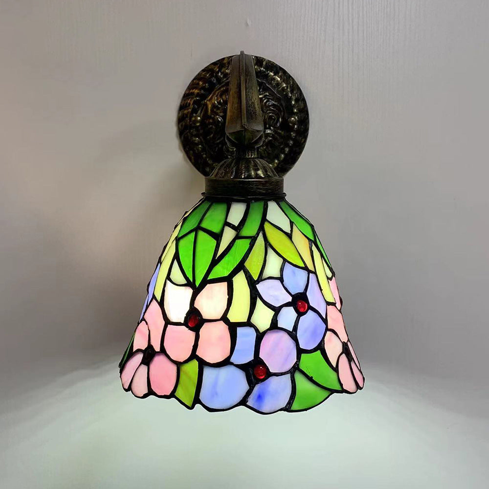 Applique murale en alliage de zinc avec verre teinté Tiffany Flower Cup traditionnelle 1 lumière pour chambre à coucher 