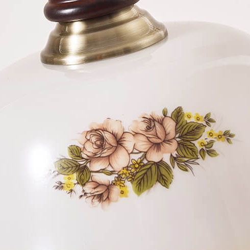 Chinese Retro Camellia Printed Glass Copper Wood Vase Base 1-Light Table Lamp