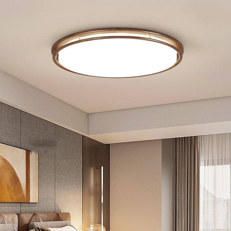Plafonnier LED rond géométrique minimaliste moderne en bois de noyer et acrylique pour salon 