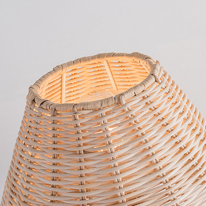 Lampe de table contemporaine Boho ronde à base cylindrique trapézoïdale en rotin et métal à 1 lumière pour chambre 