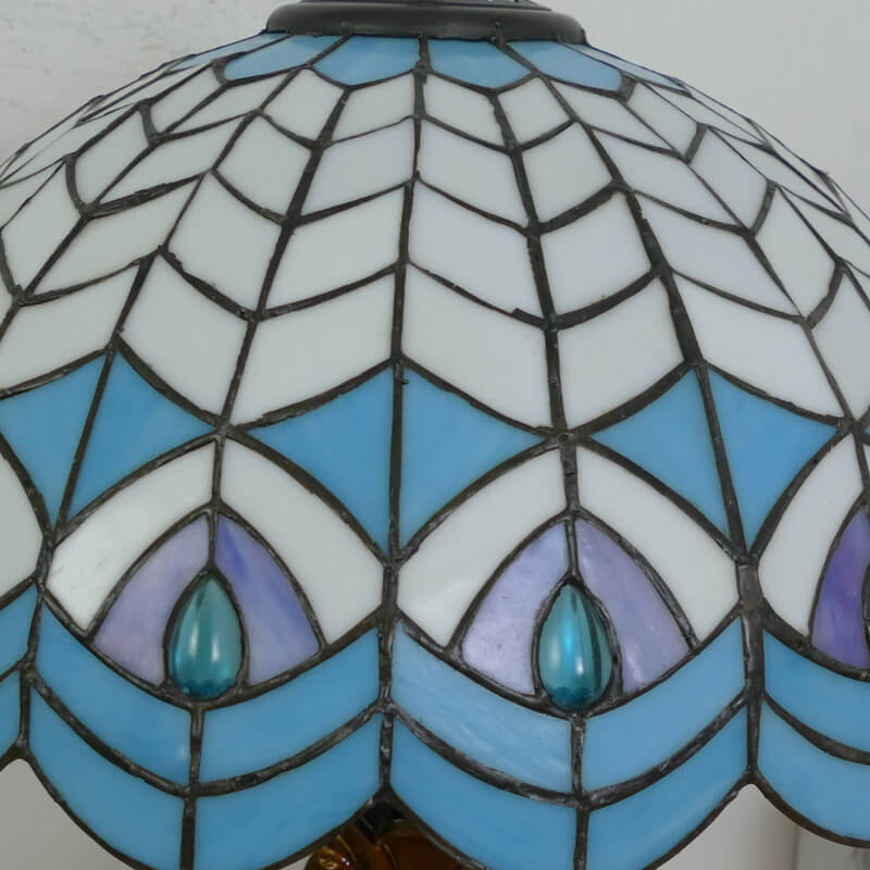 Vintage Tiffany Stained Glass Dome Peacock Base 2-Light Table Lamp