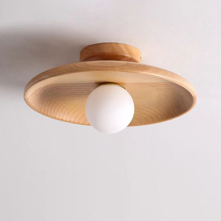 Modern Simplicity Rubberwood Glass Round 1-Light Semi-Flush Mount Ceiling Light For Hallway