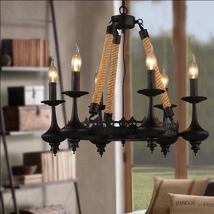 Traditioneller Vintage-Kandelaber aus Eisen, Hanfseil, 3/6/8 Lichter, Kronleuchter für Wohnzimmer 