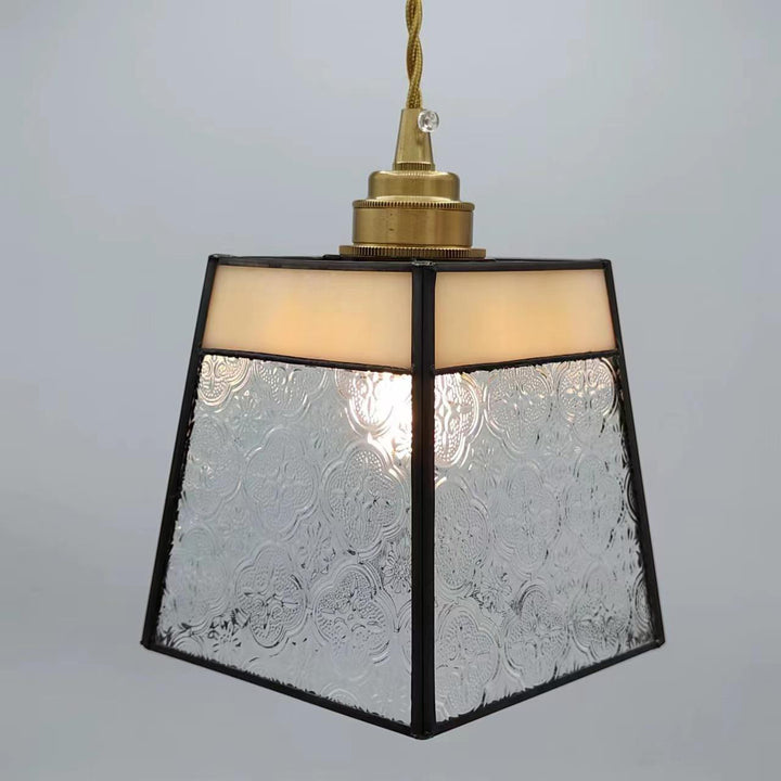 Lustre suspendu traditionnel vintage en laiton, verre, cylindre quadripartite, corne, treillis, à 1 lumière pour salle à manger 