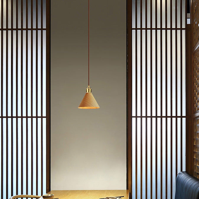 Modern Minimalist Solid Wood Cone Copper 1-Light Pendant Light For Living Room
