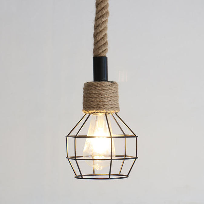 Nordic Retro Iron Hemp Rope Weaving Birdcage 1-Light Pendant Light