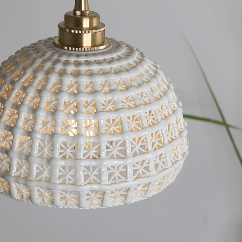 Traditional Japanese Dome Round Brass Ceramic 1-Light Pendant Light For Living Room