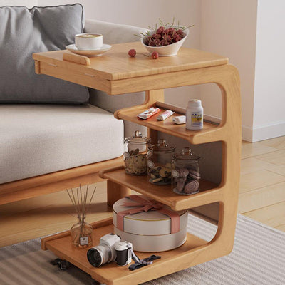 Table d'extrémité à couvercle rabattable en bois japonais traditionnel avec étagères de rangement à 4 niveaux pour salon 