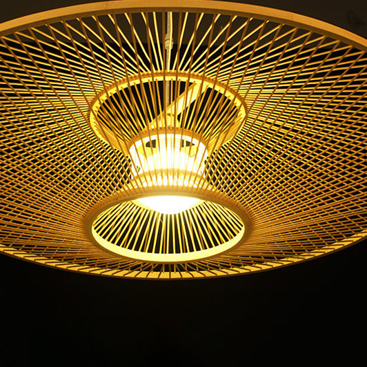 Traditional Vintage Woven Tatami Round Rattan Bamboo 1-Light Pendant Light For Living Room
