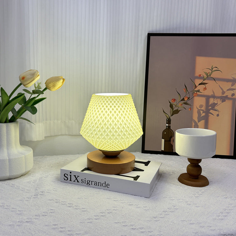 Lampe de table contemporaine en bois et verre à motif nervuré conique 1 lumière pour chevet 