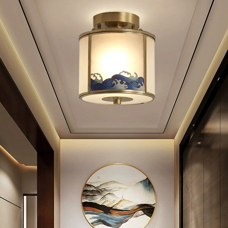 伝統的な中国絵画シリンダー銅はんだ1灯セミフラッシュマウント天井ライト寝室用 
