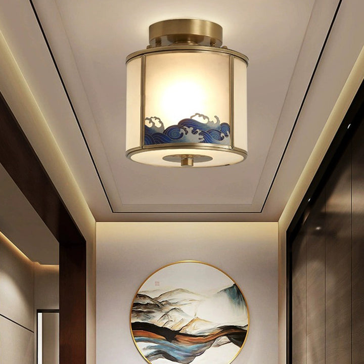 伝統的な中国絵画シリンダー銅はんだ1灯セミフラッシュマウント天井ライト寝室用 