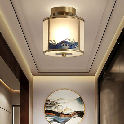 Traditionelle chinesische Malerei Zylinder Kupfer Löten 1-Licht Semi-Flush Mount Deckenleuchte für Schlafzimmer 