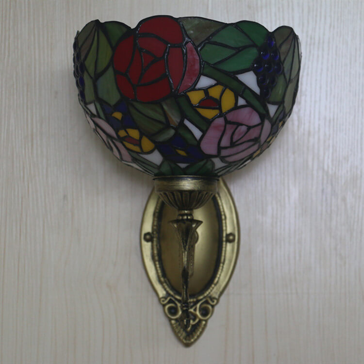 Vintage Tiffany Grape Flower Bowl Stained Glass 1-Light Wall Sconce Lamp