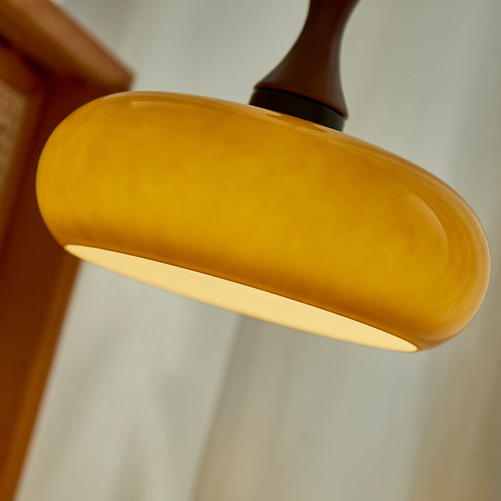 Zeitgenössische Retro Holz Eisen Glas Trommel Runde 1-Licht Pendelleuchte Für Esszimmer 