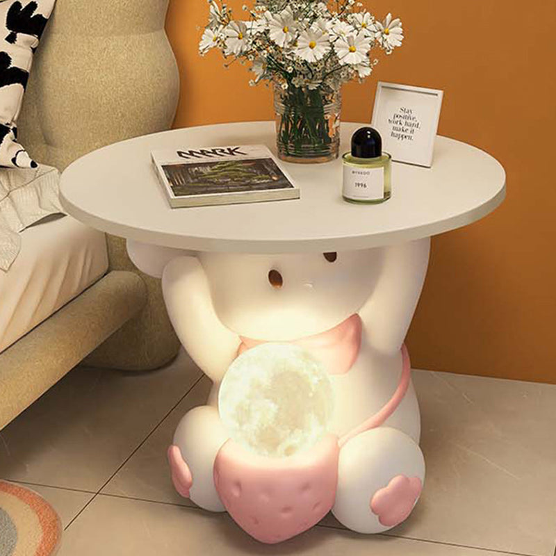 Moderner Art Deco Kinderhasen-Rundteller Rechteckige Schublade Harz Holz Emaille Nachttisch mit 1 Schublade und LED-Licht für das Schlafzimmer 