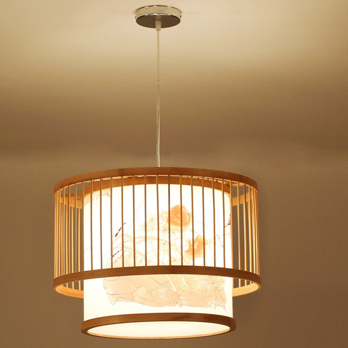 Traditionelle chinesische Bambusweberei Stoff Runde 1-Licht Pendelleuchte für Esszimmer 