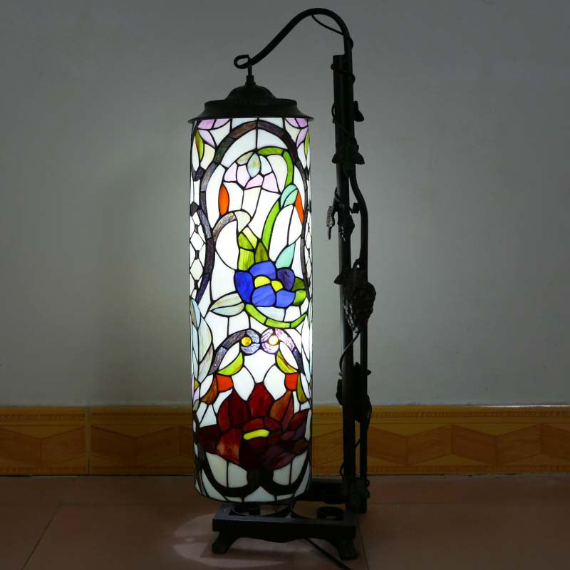 Lampe de sol traditionnelle Tiffany à colonne en fer avec verre à 2 lumières pour salon 