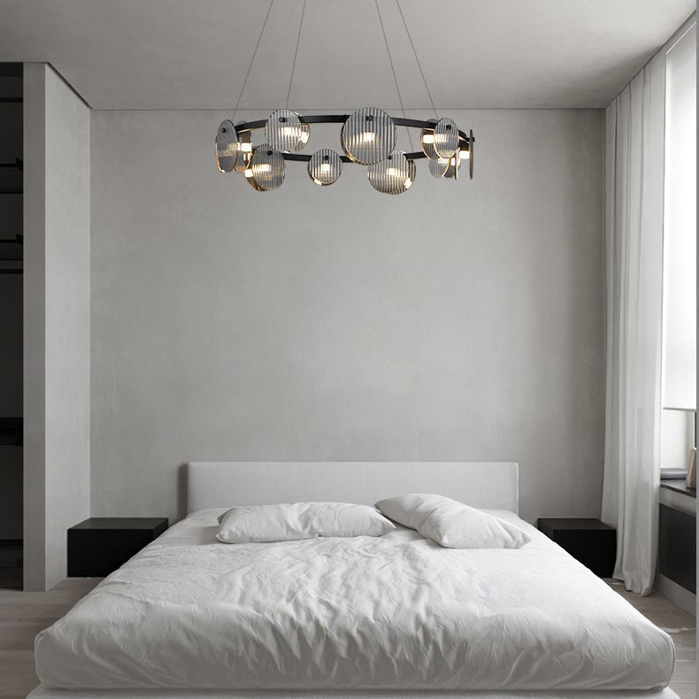 Lámpara de araña LED moderna minimalista de aros de hierro, vidrio y acrílico para salón 