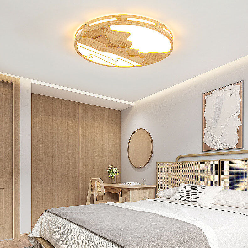 Plafonnier LED rond en bois moderne chinois avec design de montagne 