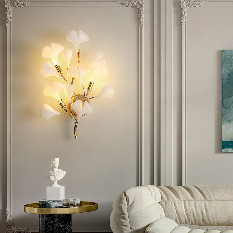 Applique murale contemporaine créative en feuille de ginkgo en fer plastique porcelaine 2/3 lumières pour salon 