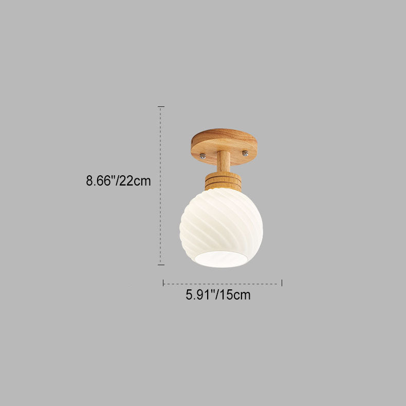 Traditional Japanese Spherical Glass Shape Wood Base1-Light Semi-Flush Mount Ceiling Light For Living Room