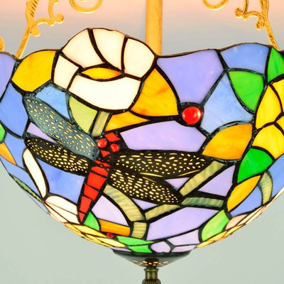 Tiffany Dragonfly Rose Flower Pattern Stained Glass 2-Light Semi-Flush Mount Ceiling Light