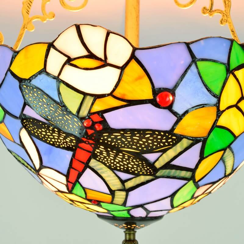Tiffany Dragonfly Rose Flower Pattern Stained Glass 2-Light Semi-Flush Mount Ceiling Light