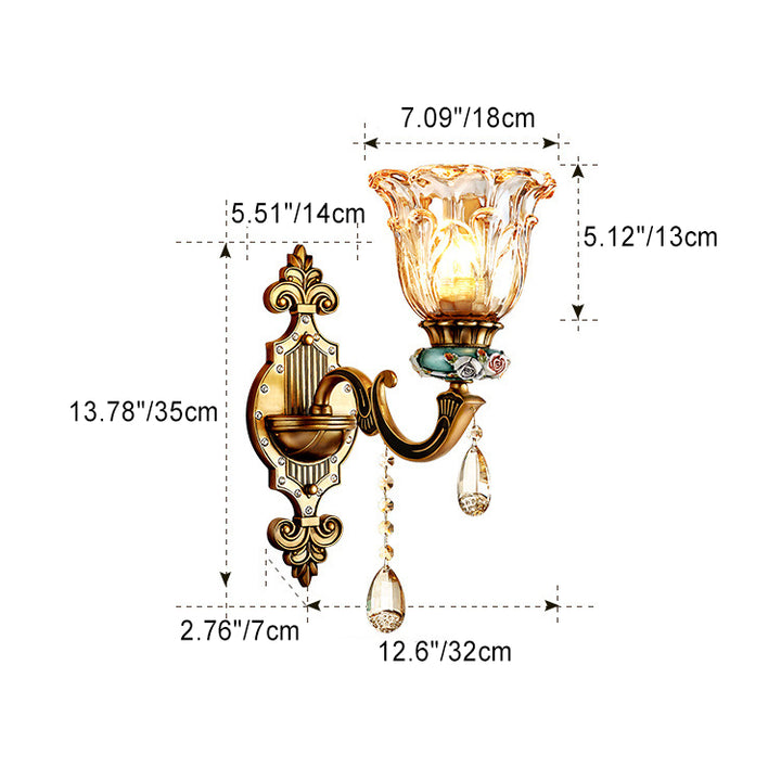 Traditionelle europäische Blumen-Zinklegierung-Harz-Kristallglas-1-Licht-Wandleuchterlampe für den Flur 