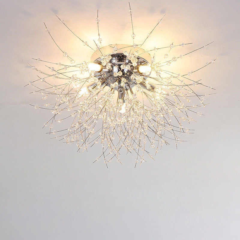 Modern Art Deco Crystal Beads Dandelion Aluminum Strip Shape 4/5/6/8-Light Semi-Flush Mount Ceiling Light For Living Room