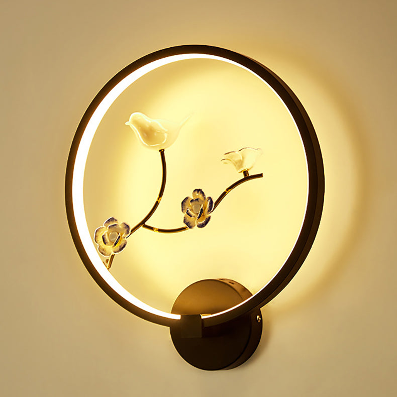 Traditionelle chinesische runde Pflaumenblüte Lotusblatt Aluminium Acryl LED Wandleuchte Lampe für Wohnzimmer 