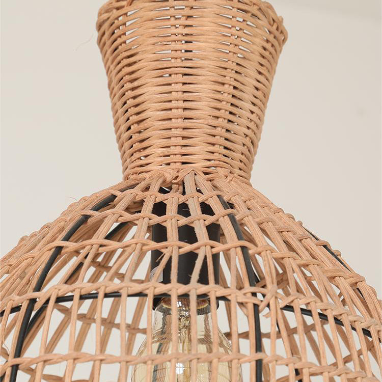 Suspension Luminaire à 1 Lumière avec Abat-Jour en Rotin à Maille Ronde Traditionnelle Japonaise pour Salon 