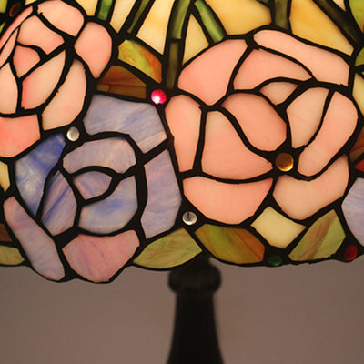 Traditionelle Tiffany Rose Blume Buntglas Kuppel 1-Licht Tischlampe für Schlafzimmer 