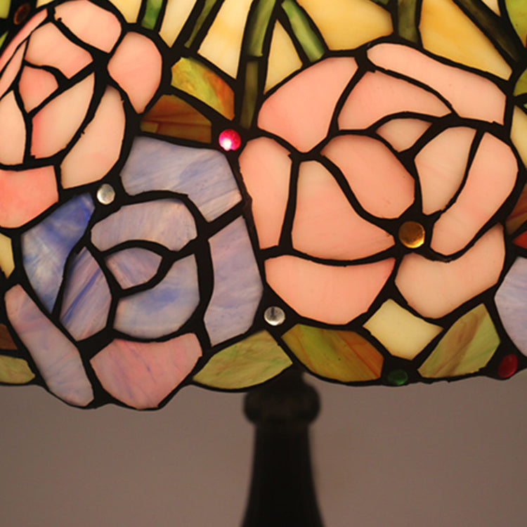 Traditionelle Tiffany Rose Blume Buntglas Kuppel 1-Licht Tischlampe für Schlafzimmer 