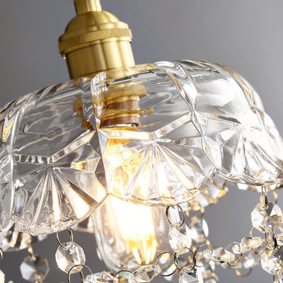 Luminaire suspendu contemporain nordique rond en laiton sculpté avec verre et cristal à 1 lumière pour salon 