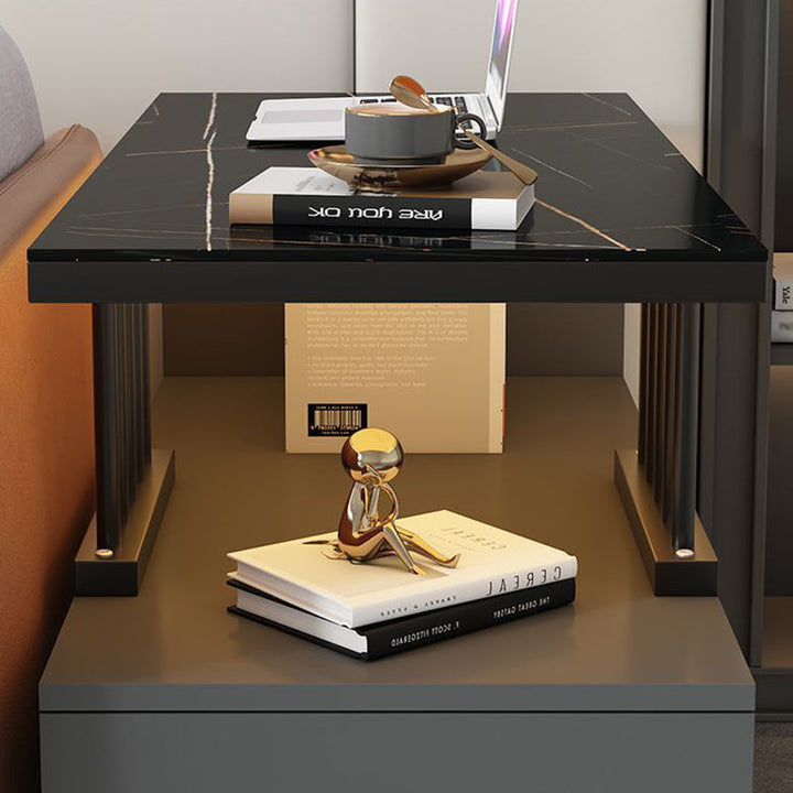 Rechteckiger Beistelltisch im zeitgenössisch-schlichten Design mit Glasplatte, 2-stufigem MDF-Schrank für das Wohnzimmer 