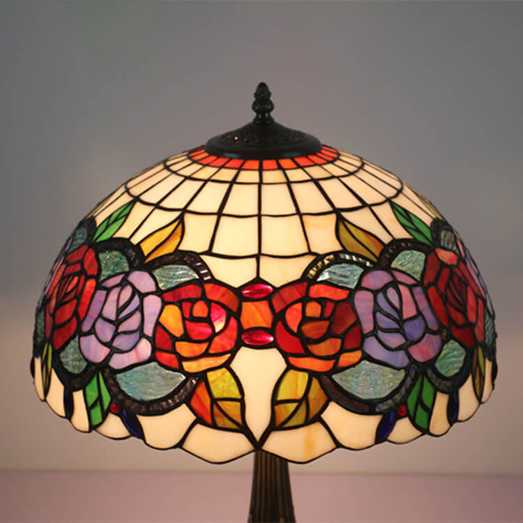 Tiffany Vintage Rose Stained Glass Dome 2-Light Table Lamp