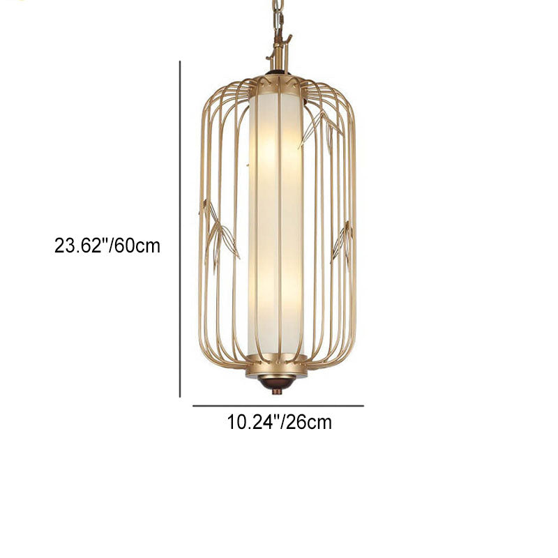 Chinese Vintage Iron Birdcage Fabric Shade 2-Light Pendant Light