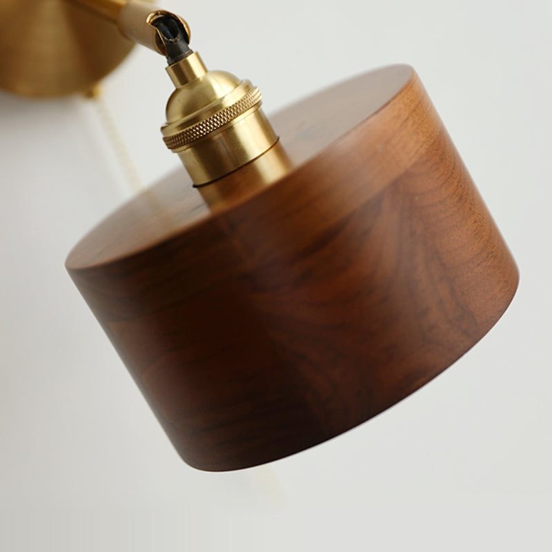 Zeitgenössische skandinavische runde Kegelkuppel Kupferholz 1-Licht Wandleuchte Lampe für Schlafzimmer 